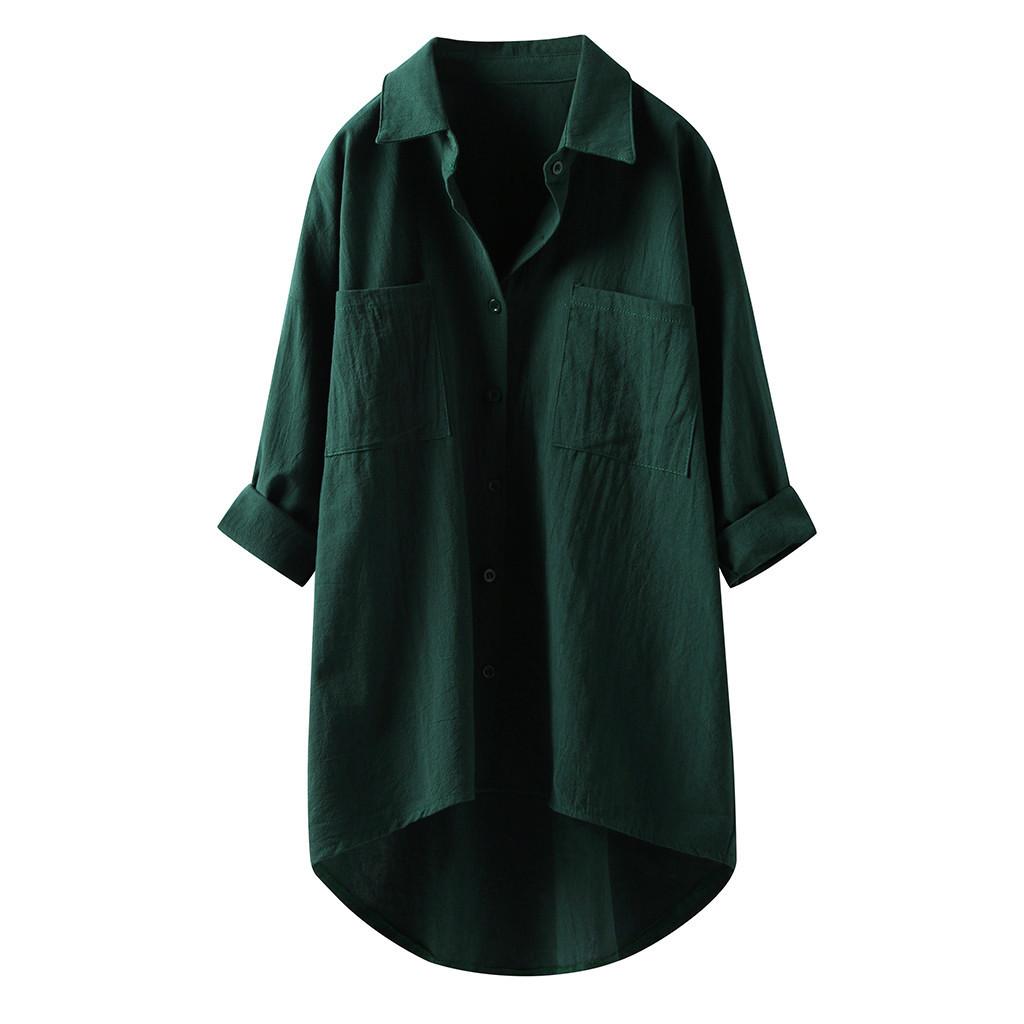 2026 Lente en Herfst Nieuw Dames Casual Stijl Effen Kleur Shirt Katoen Linnen Vest met Dubbele Zakken Lange Mouw Top