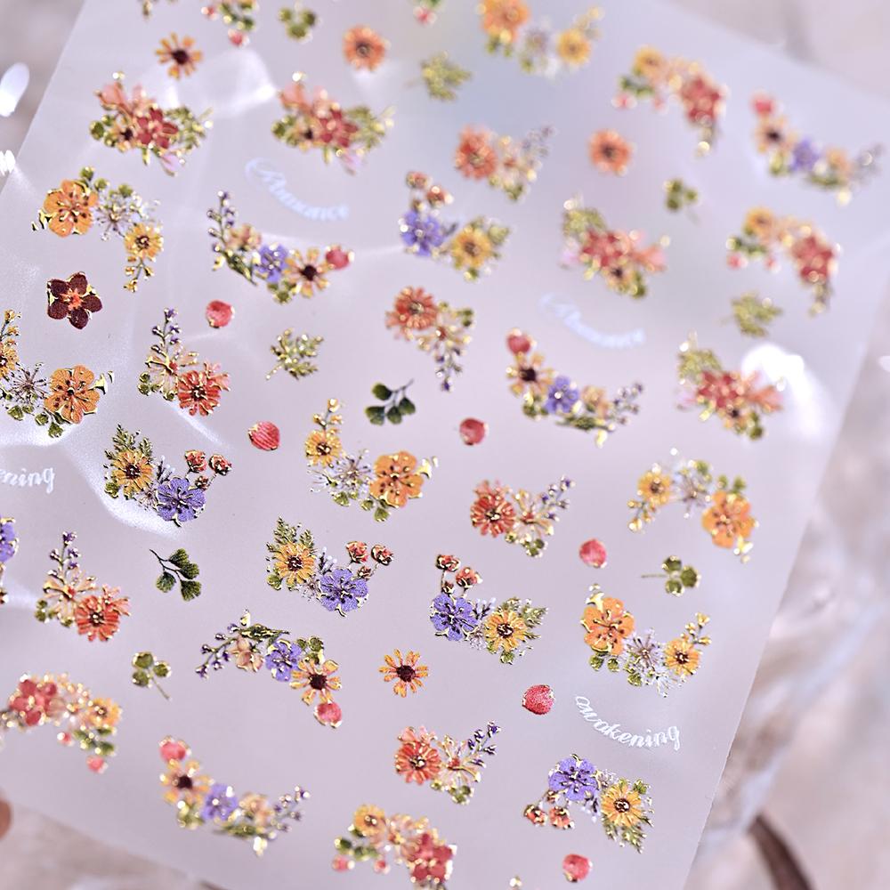 1pcs 5D Bronzing Gold Flower Nail Stickers Cute Mini Sunflower Daisy Nail Decals Self-Adhesive Little Wildflowers Nail Decora