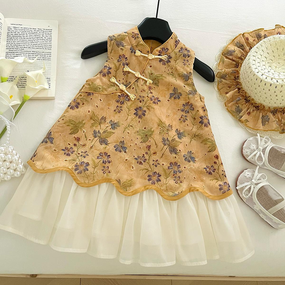 Summer Chinese Embroidered Spliced Sleeveless Dress For Babies Cute And Fashionable Childrens Clothing 90cm