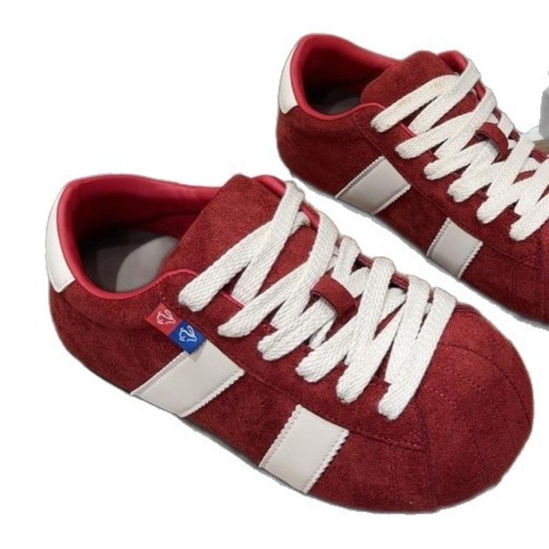 Cowhide Red Women's Autumn New Big Head Bread Shoes Ugly Cute Puff Shoes Casual Board Shoes