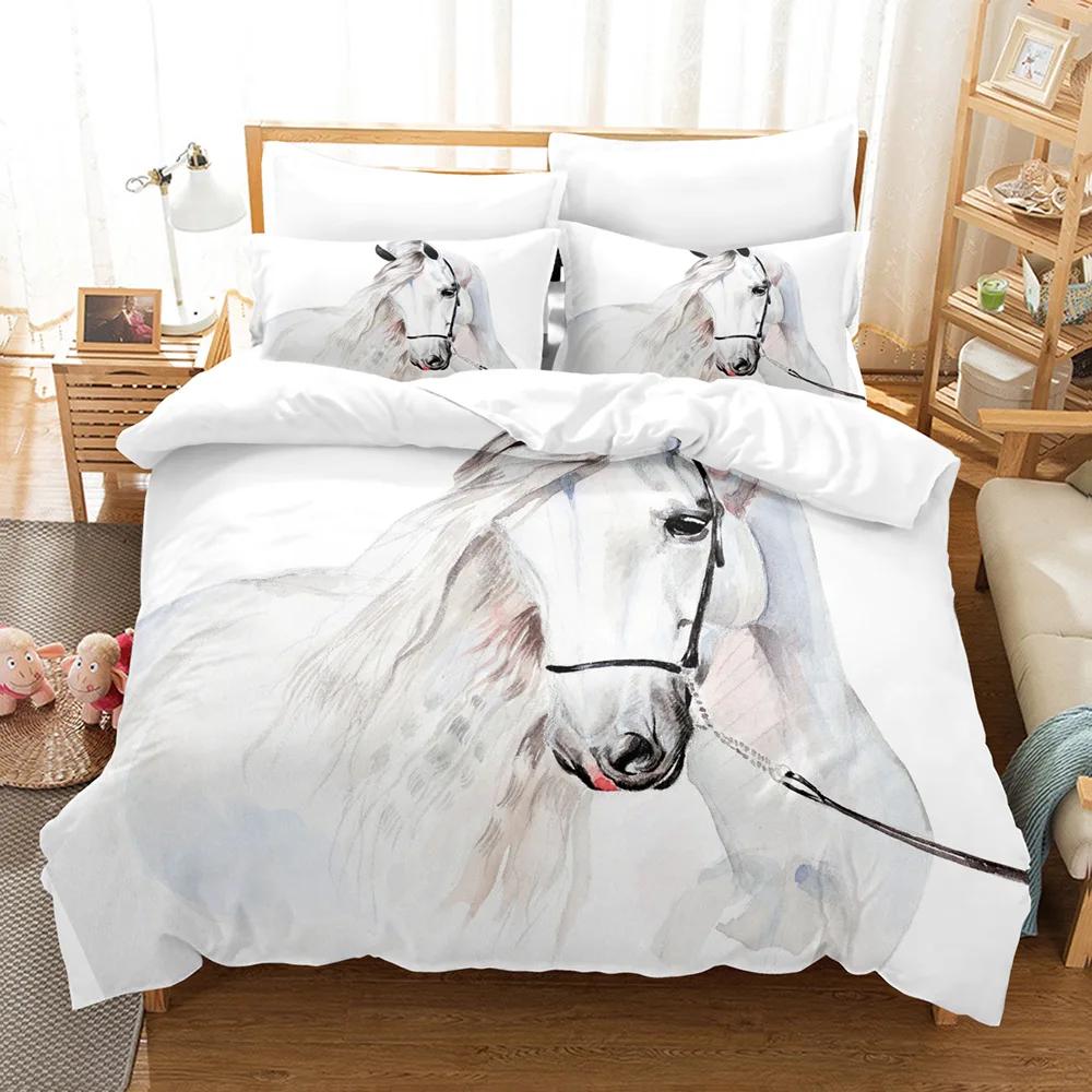 Horse Duvet Cover Set White and Brown Horse Print Bedding Set Wild Animal Pattern Farmhouse Cowboys Queen Polyester Quilt Cover