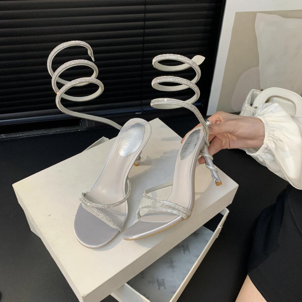 Sommermode Strass Schlangenform Knöchelriemen Stiletto High Heels Damen Sandalen Sexy Party Kleiderschuhe