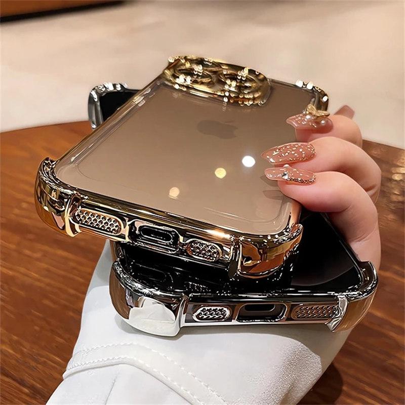 Luxury Plating Airbag Soft Silicone Case for iPhone 16 Pro Max 11 12 13 14 15 Pro Xs Max X Xr 16 Plus Glass Lens Protector Cover