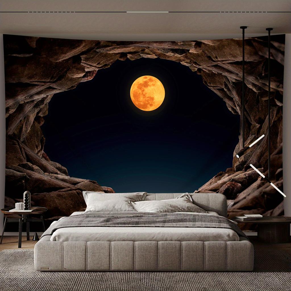 Ultra Large Abstract Moon Cave Landscape Tapestry, Polyester Wall Art With Hand Stitched Edges For Modern Home Office Decor