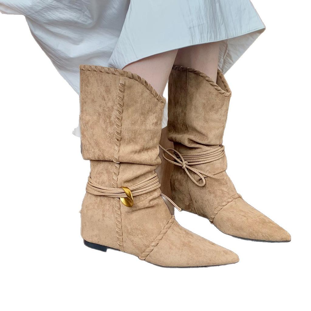 Inner Heightening Pointed Retro Babes Short Boots Women's Shoes 2025 Autumn and Winter Single Boots Brown Maillard Western Cowboy Boots