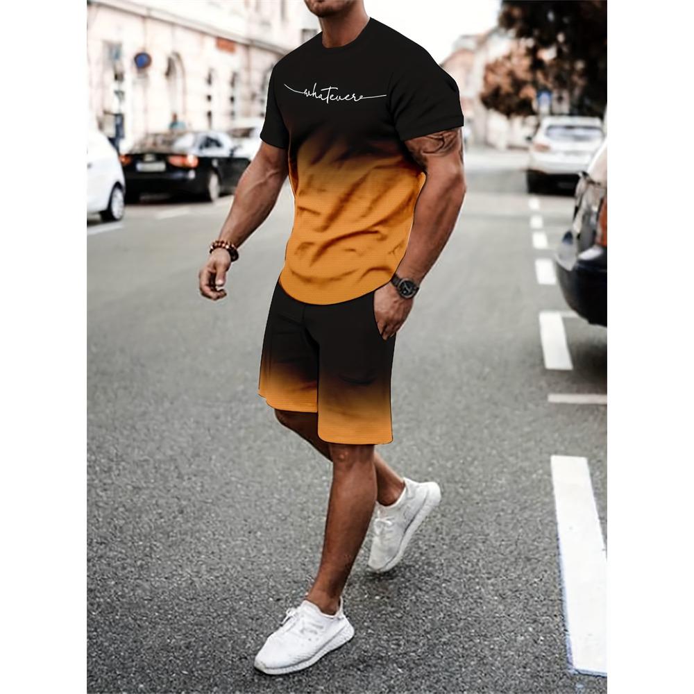 New Stitching Printed Men's Suit Summer Round Neck Short Sleeve Top And Casual Shorts Fashion Street Style Two-Piece Set