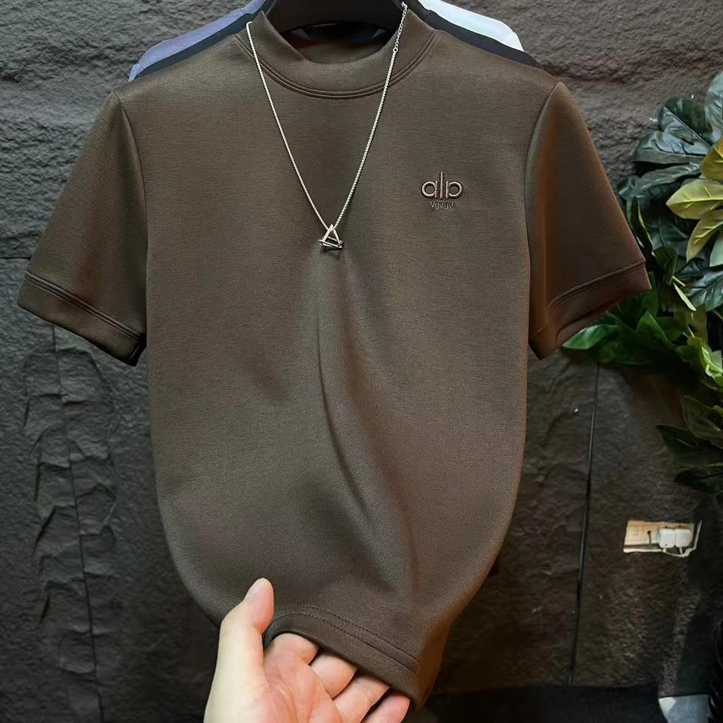 Autumn New Semi-Turtleneck Simple Versatile Letter Short-Sleeved T-Shirt Men'S Light Luxury Trend Fashion Half-Sleeved Bottoming Shirt