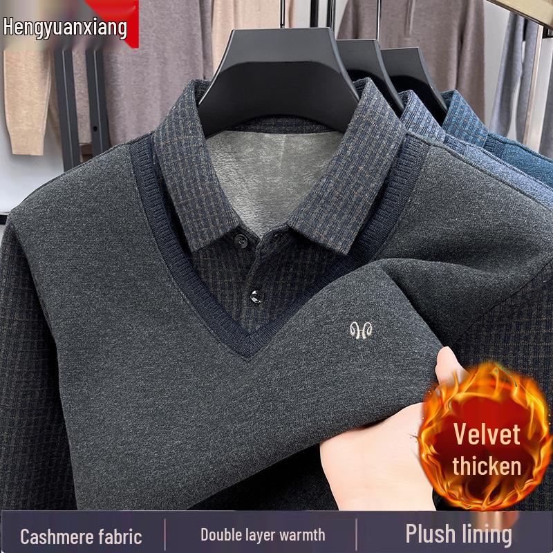 Hengyuanxiang Men's Pure Cashmere Two-Piece Look Thickened Winter Sweater