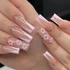 Long Coffin Shape Press-On Nails With Floral French Tip Design Water Rhinestones Sweet Style Artificial Nail Tips
