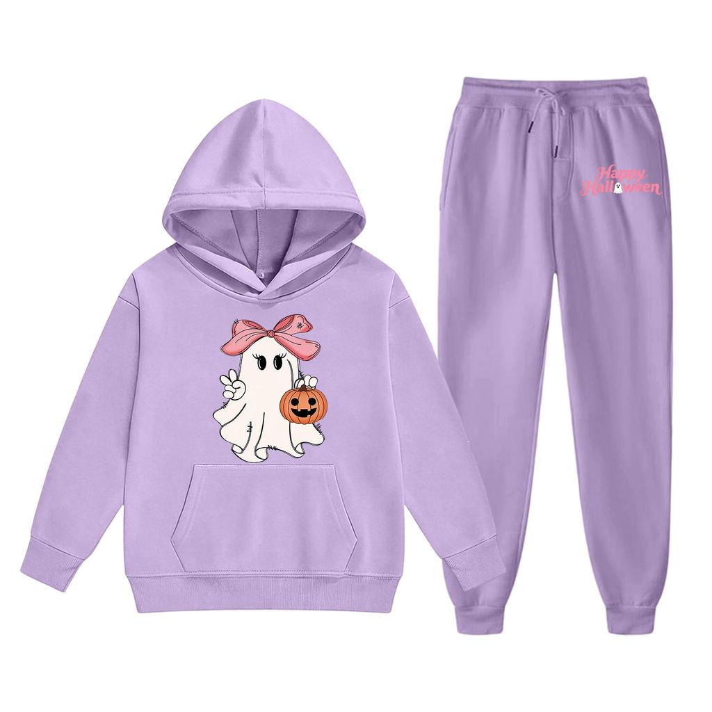 Kids Halloween Hoodie and Pants Set Ghost Print Pullover Hooded Sweatshirt and Elastic Waist Pants Comfortable Fit for Children