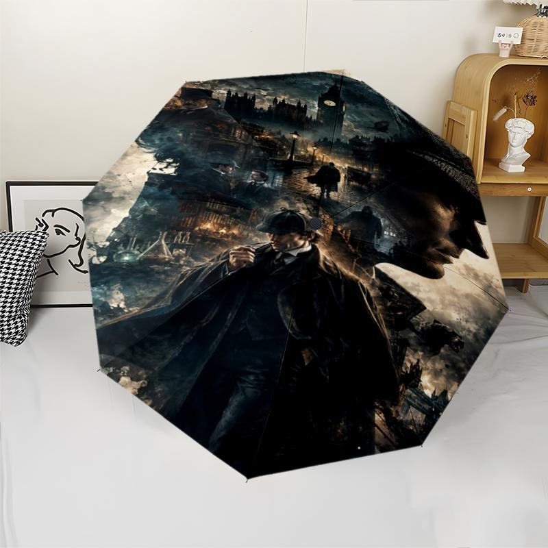 Sherlock Holmes Thema Automatischer Regenschirm, Leicht & Tragbar, 8 Speichen, Perfekt für Reisen im Freien, Geburtstage, Weihnachten, Geschenke.