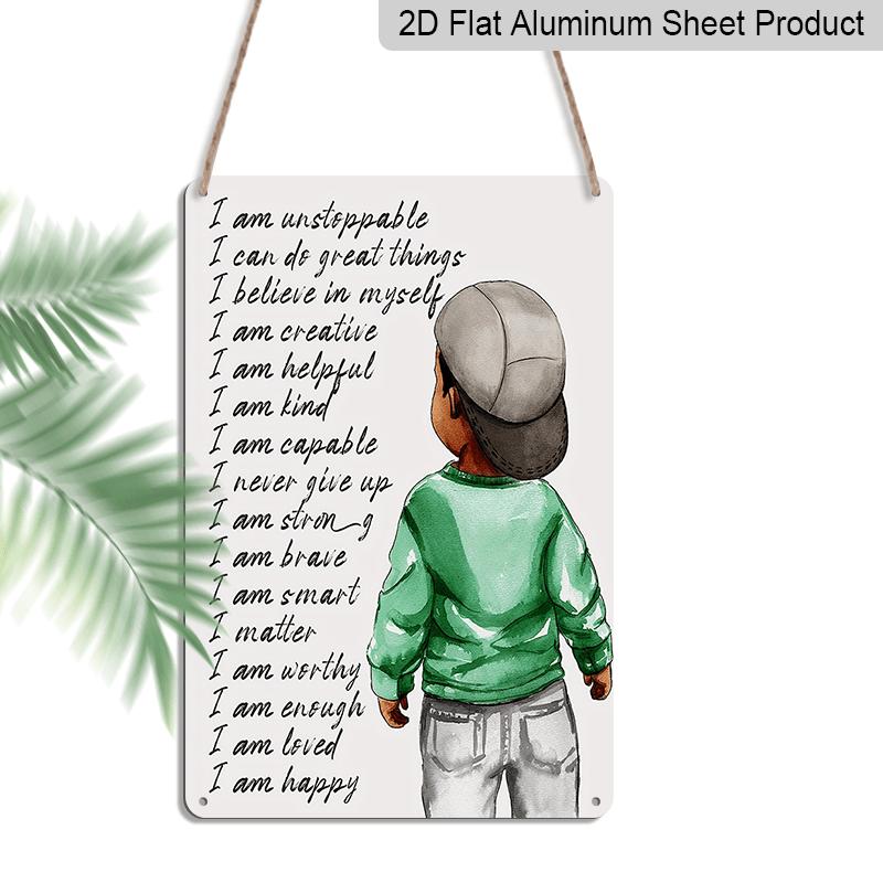

2D Flat, 1pc Inspirational I Am Unstoppable Aluminium Sign - 8 x12 Motivational Black Boy in Cap & Green Sweater Wall Art, Positive Affirmation 20*30cm