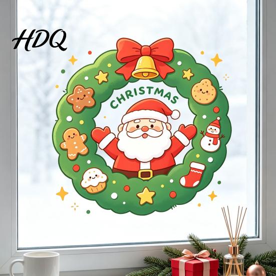 Festive Home Decoration Christmas Santa Claus Wreath Window Cling Cartoon Static Sticker PVC Indoor Outdoor Ornaments Waterproof Glass Decal