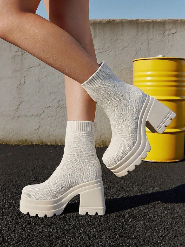 Women'S Casual Slip-On Knitted Ankle Boots High Heel Thick Bottom Fashion Platform Short Sock  Boots Dress Breathable Shoes
