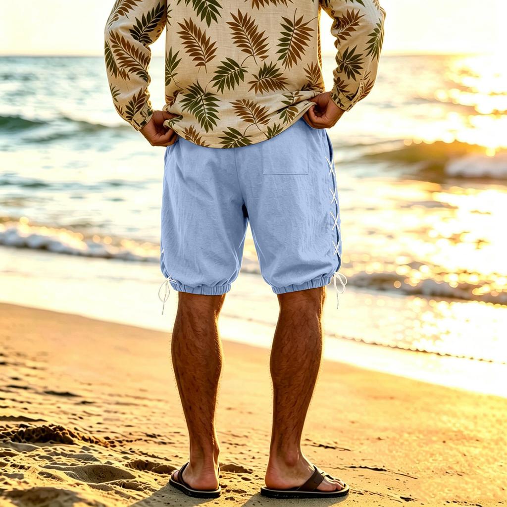 Men's Linen Casual Shorts Side Drawstring Cotton Linen Breathable Beach Pants Summer Lightweight Loose Fit Straight Leg