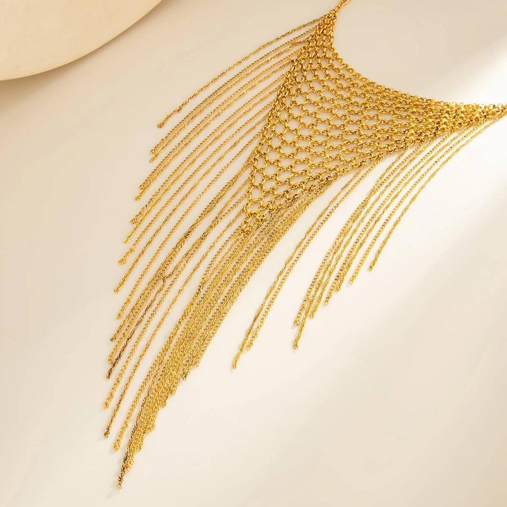 Salircon Exaggerated Trendy Design Woven Mesh Chain Clavicle Chain Multilayer Long Tassel Women Necklace Geometric Chain Jewelry