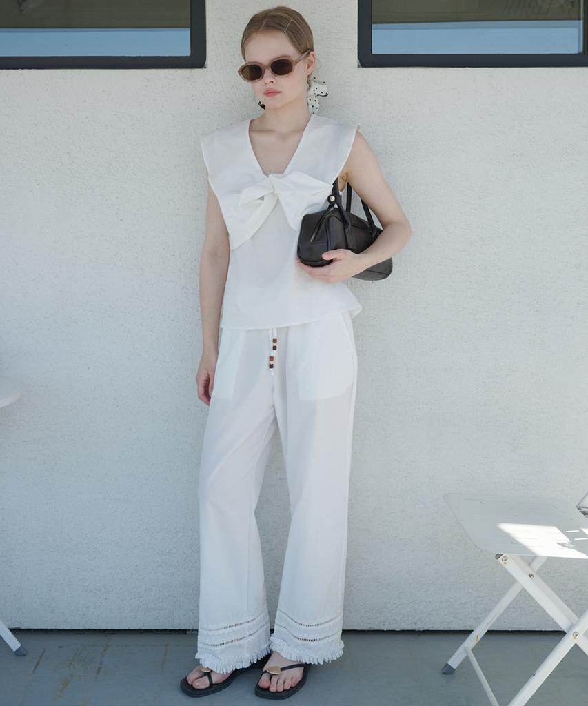OPENING SUNSHINE Punched Lace Cotton Elastic Waist Wide Pants White