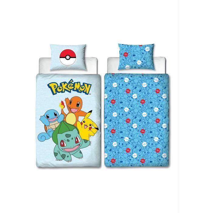 Parure De Lit Réversible - POKEMON - Pikachu Et Starter 1G III - Microfibre - 1 Housse De Couette 140 X 200 Cm + 1 Taie 63 X 63 Cm