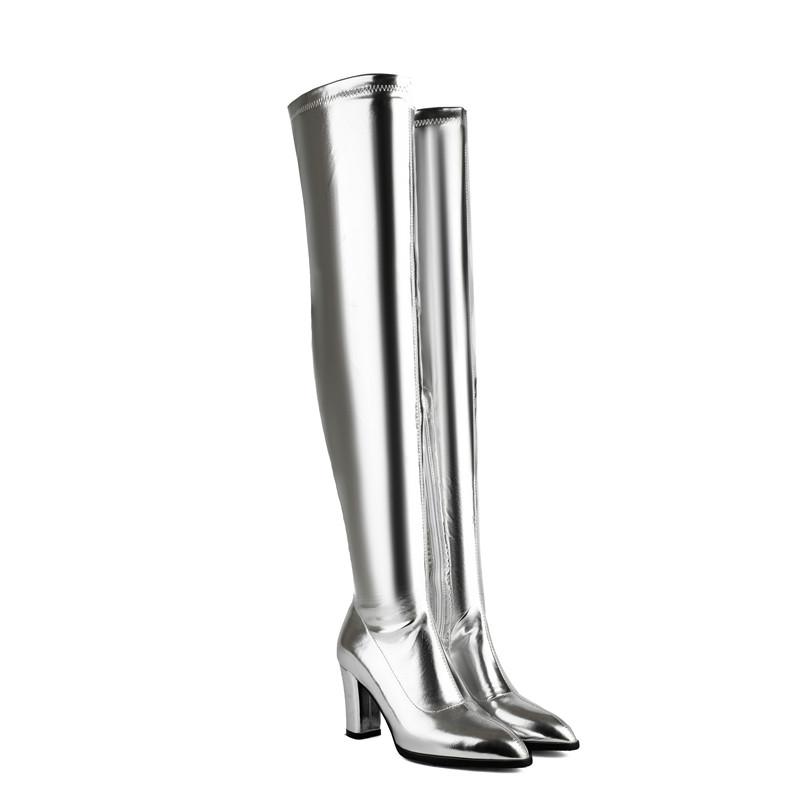 

Женские сапоги на высоком каблуке, сексуальные сапоги на толстом каблуке в европейском и американском стиле, осенние и зимние новые сапоги больших размеров 48 серебряный