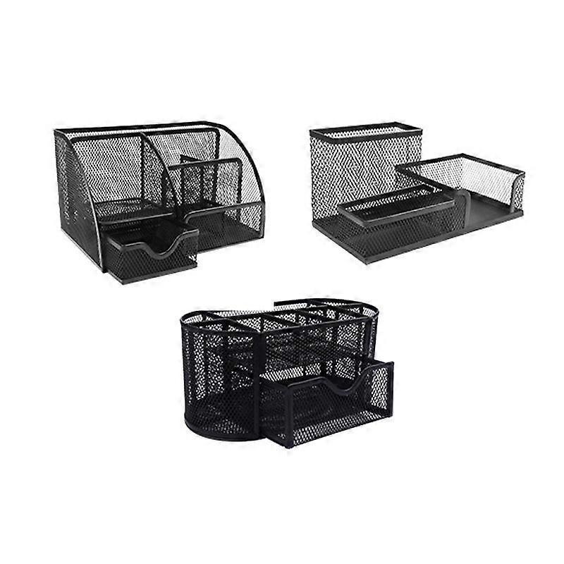 Creative multi-functional three-grid storage box desktop stationery storage box transparent iron grid Black metal pen holder