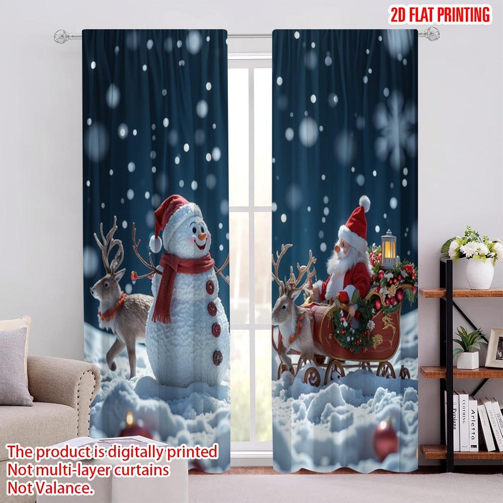 

2pcs 2D flat printing Merry Christmas Curtain Snowmen and deer in winter forest Polyester Without Electricity Festive Holiday 100*130 Rod Pocket 1pcs