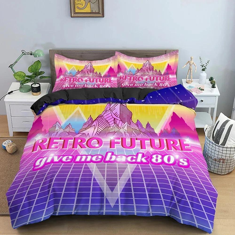 Retro Duvet Cover Set Vintage Give Me Back 80s Pattern Bedding Set Microfiber Queen King Size Quilt Cover for Teens Adult
