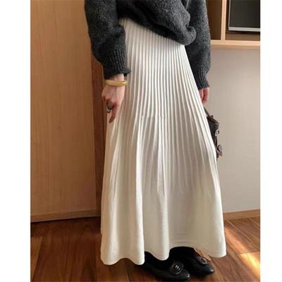 Off-white High-Waisted Pleated A-line Knit Skirt for Women - Petite Korean Style, Autumn/Winter Wear