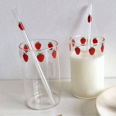 300ml Strawberry Cute Glass Cup With Straw Creative Transparent Water Cup Student Milk Heat Resistant Glass
