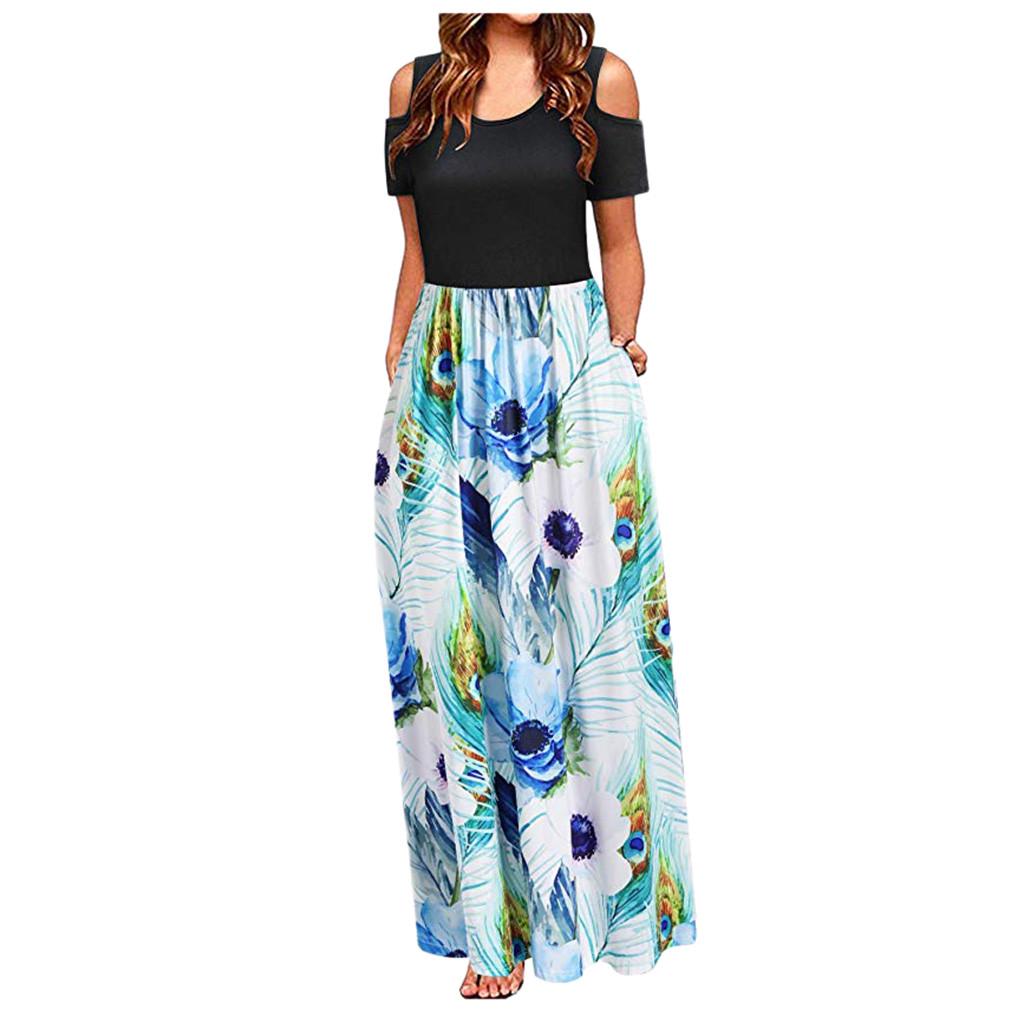 Women Summer Cold Shoulder Floral Print Elegant Maxi Long Dress Pocket Dress