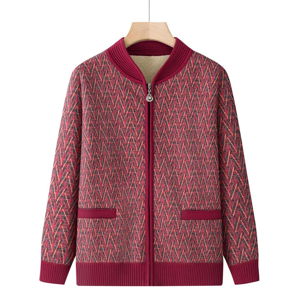 Fleece-lined Wool Cardigan for Women, Ideal for Middle-aged and Elderly Ladies, Thick Warm Sweater for Autumn/Winter, Perfect for Ages 60+.