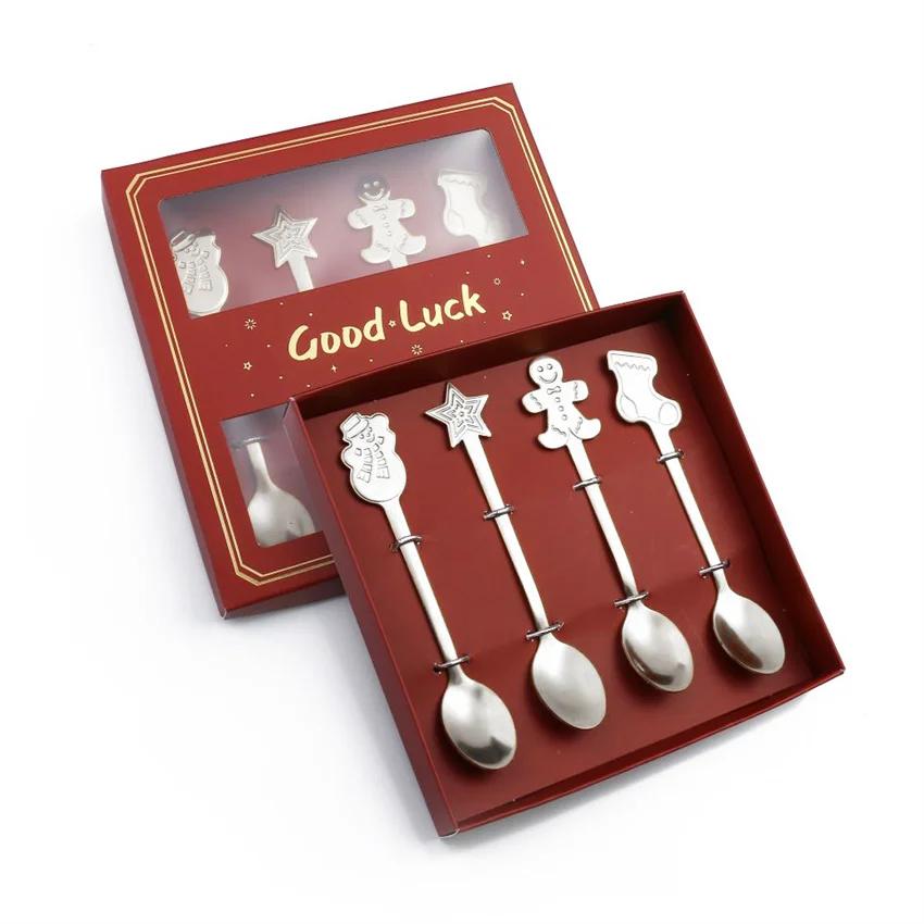 4Pcs Gold/Silver Christmas Coffee Spoons with Gift Box Stainless Steel Gingerbread Man Dessert Spoons Cutlery Spoon Xmas Gift