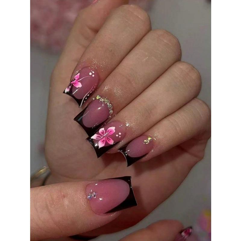 24 Piezas/Set Uñas Postizas Cuadradas Cortas Kit de Uñas Postizas Decoradas con Pedrería DIY para Mujeres, Kit de Arte de Uñas para Fiesta de Niñas Suministros para Uñas