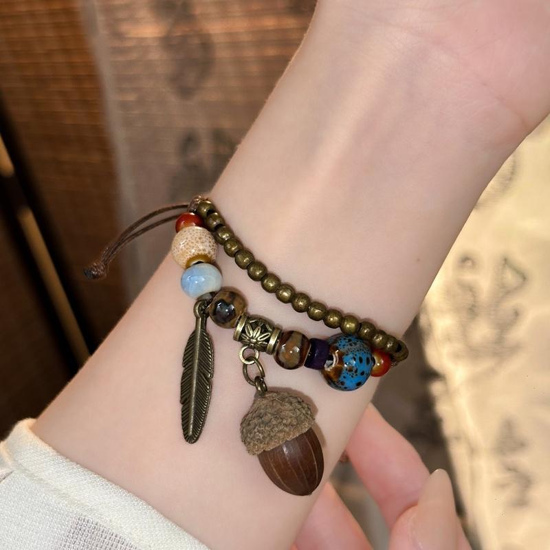 Bohemian Nature Charm Bracelet Set, Handmade Ceramic Bead & Wood Pendant Adjustable Bracelets