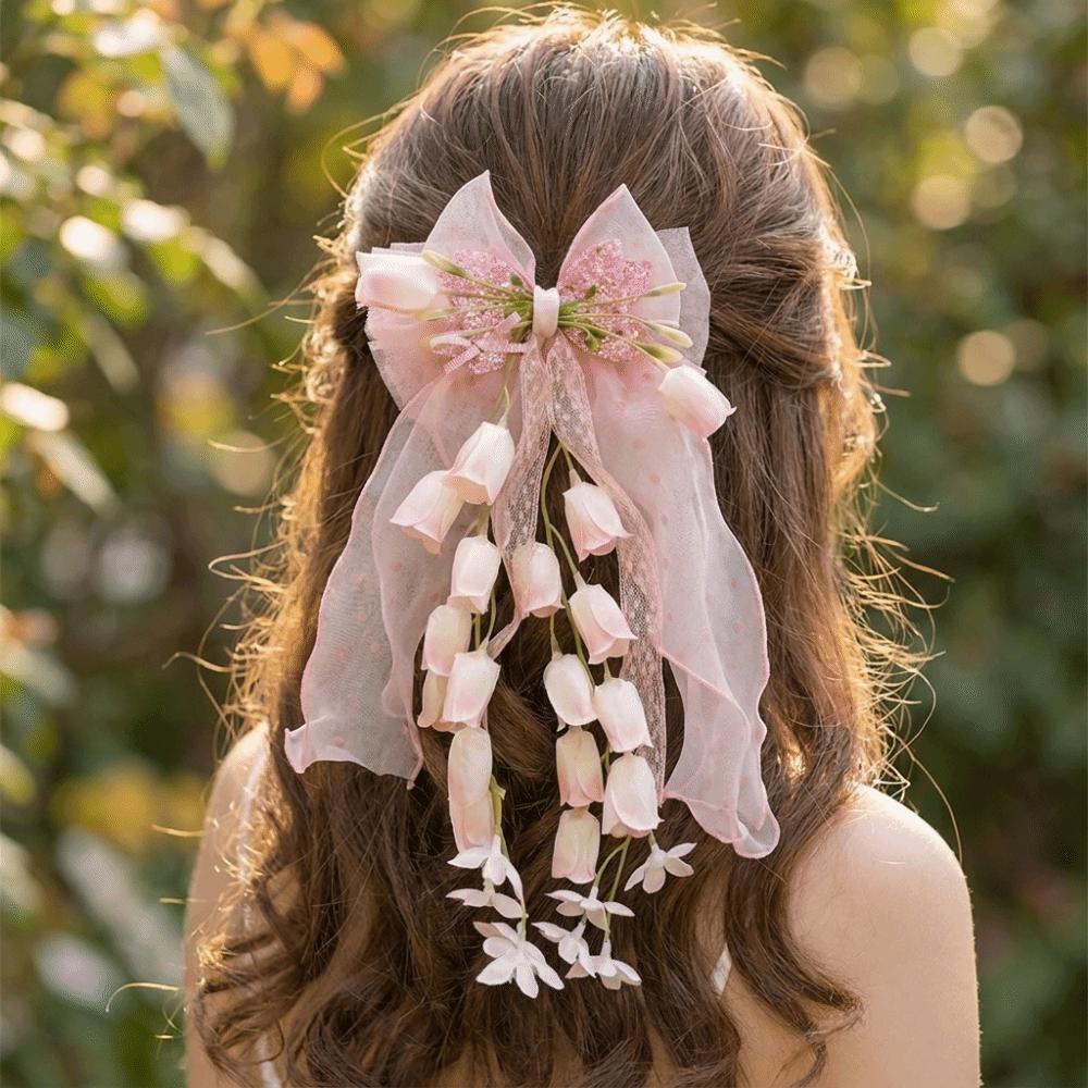 Sequin Tulle Bow Hair Clips Sweet Lolita Dress Hair Accessories Bell Orchid Ribbon Barrettes Prom
