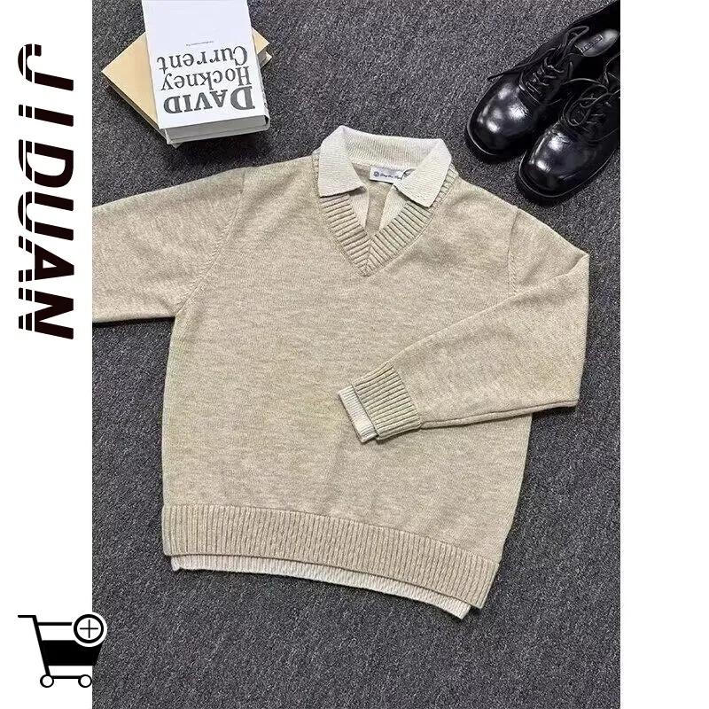 American Retro Fake Two-piece V-neck Sweater Men's Winter Lapel Inner Base Knit