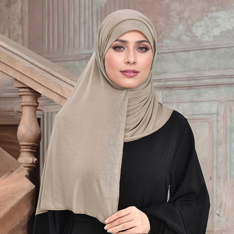 Premium Cotton Jersey Instant Hijab With Rhinestones Double Loop Muslim Headwrap Islamic Headscarf Scarf Islamic Headband Turban