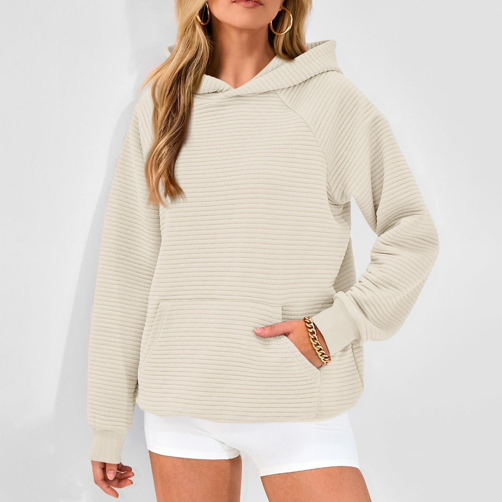 

Свитшоты с длинным рукавом для женщин, свободные повседневные однотонные туники с капюшоном, модные текстурные пуловеры, топы на осень с карманом XXL бежевый