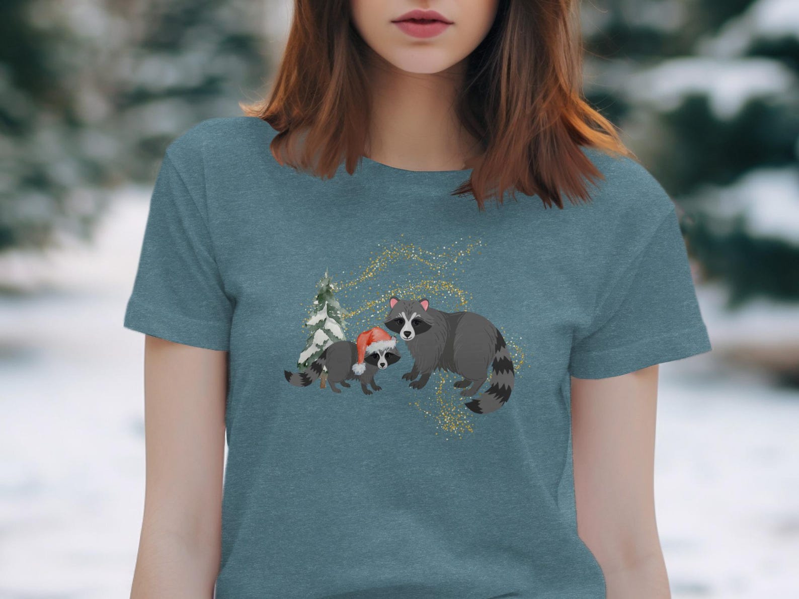 Festive Raccoon Christmas T-Shirt, Woodland Animal Holiday Tee 3XL