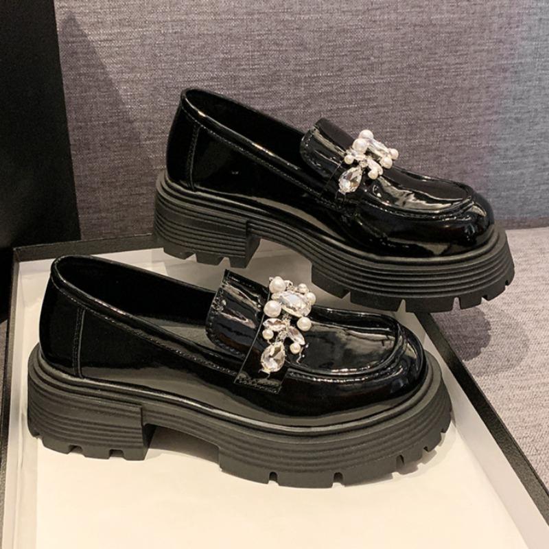 Spring Chunky Single Shoes Women Fashion Round Head Deep Mouth Crystal Buckle Set Foot Soft Sole Mid-Heel Shoes