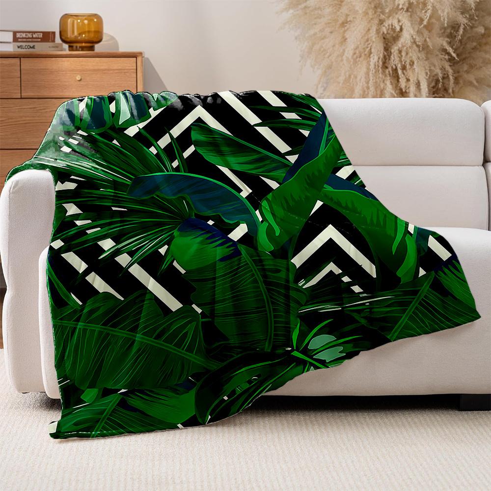 1 Stück Tropischer Regenwald Pflanze & Schwarz-Weiß Geometrischer Druck Decke - Hohes Gewicht Flanell, Weich & Warm, Hellbeige-Freundlich