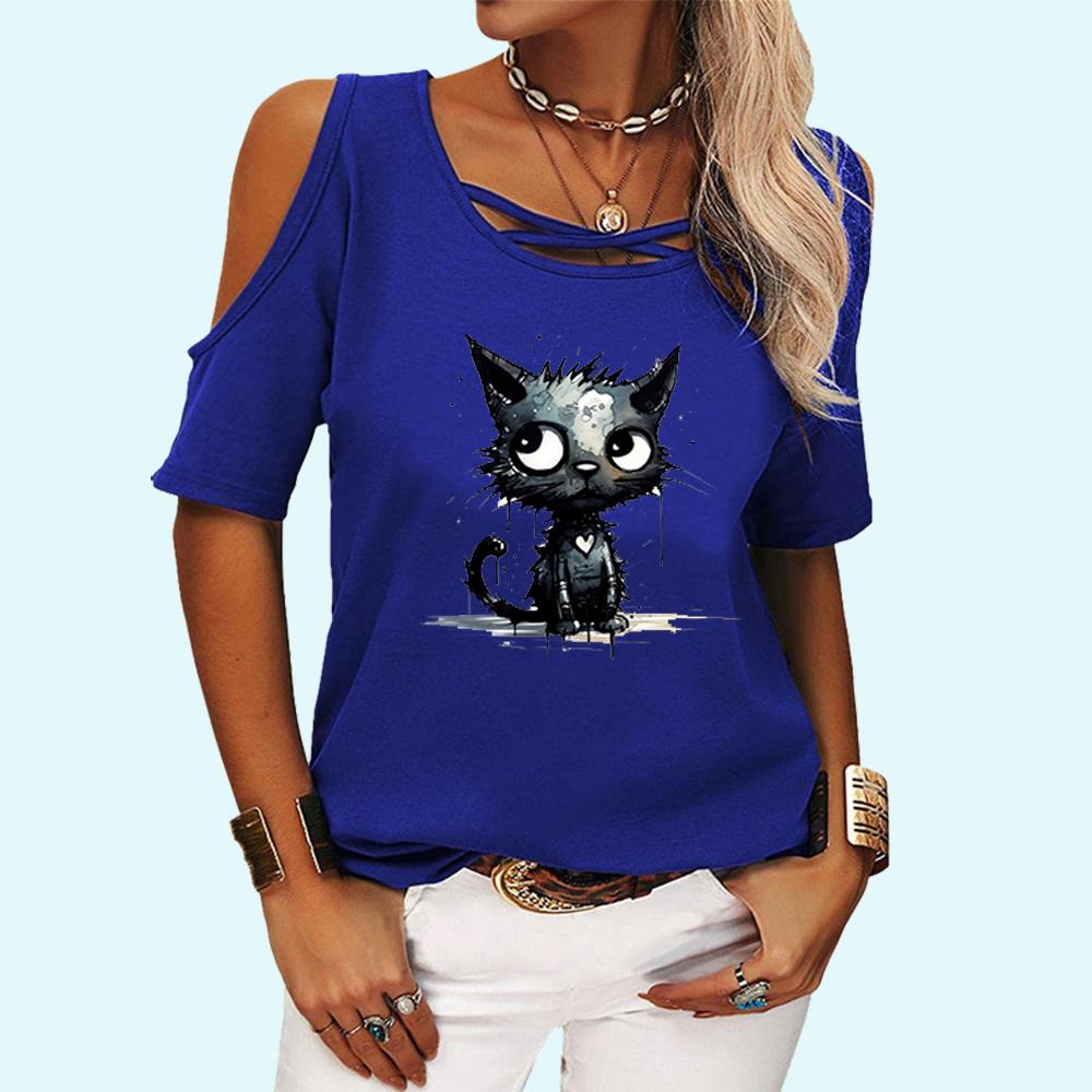 Women Fashion Off Shoulder Top Casual O Neck Summer Tee Shirt Print Loose Short Sleeve T-shirt