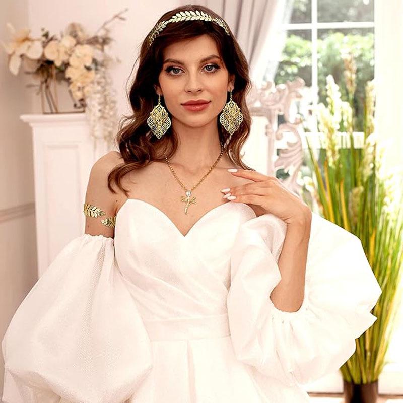 European & American Bridal Pearl Leaf Headband, Gold Hair Clip, Bracelet, Earring, & Armband Set