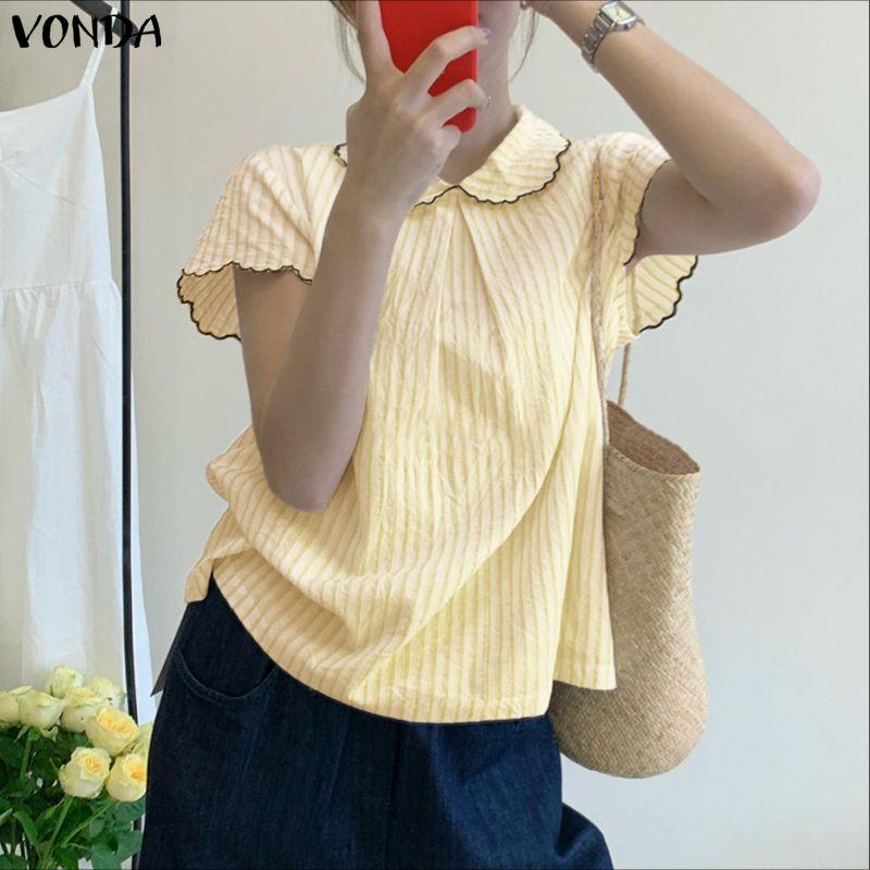 VONDA Summer Women Striped Print Casual Short Sleeve Blouse T-shirts