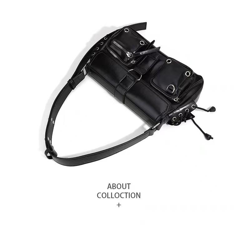 IELGY premium black locomotive bag, sweet and cool Spice Girl baguette bag, niche one-shoulder crossbody armpit bag