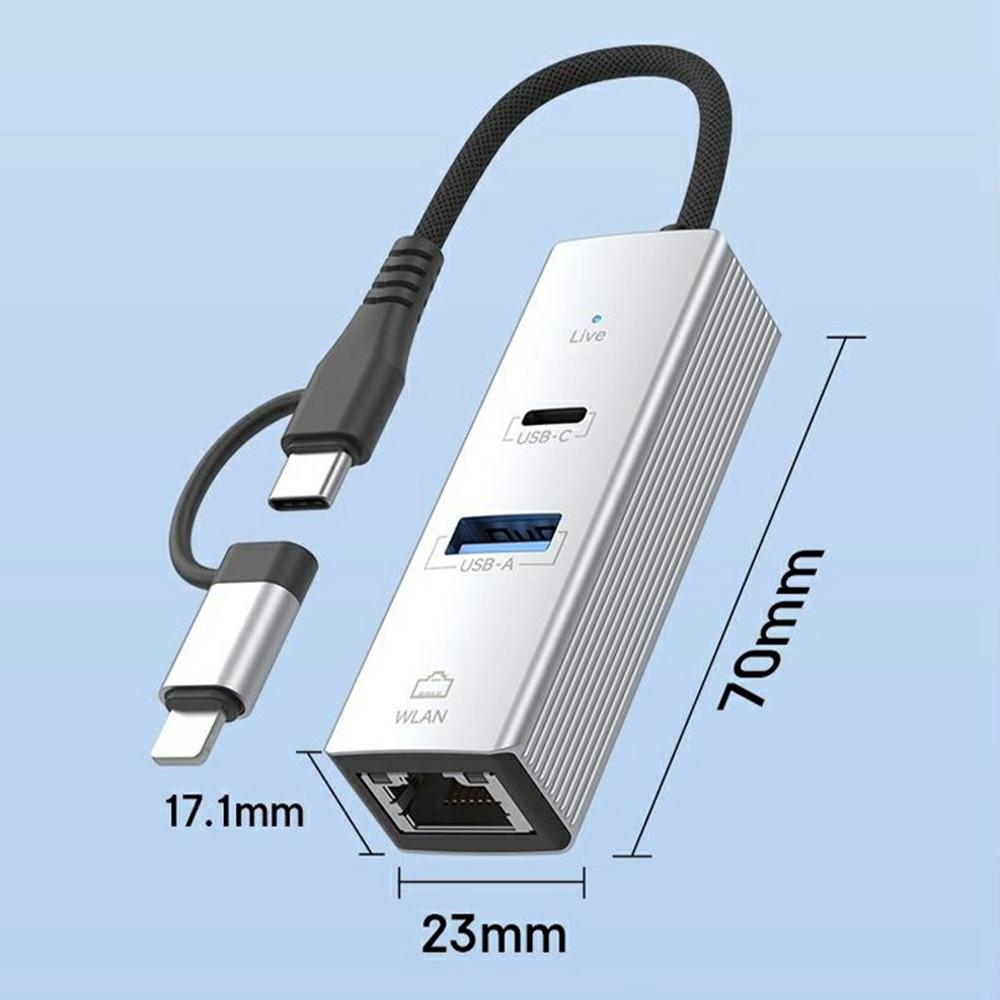 8Pin/Type-C To USB-A USB-C RJ45 Network Adapter Aluminum Alloy 100Mbps Ethernet Connector