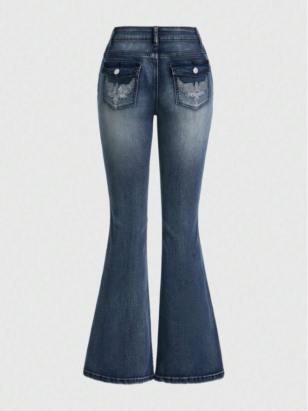 2026 Retro Punk Embroidered Low-Waist Flare Jeans for Women (Spring/Summer) S