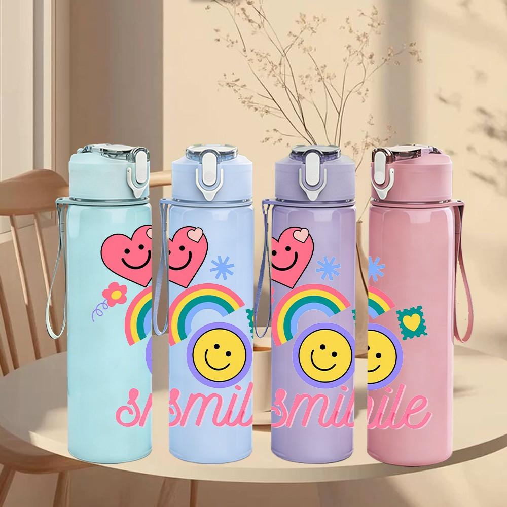 1PC Rainbow Cloud Smile Face Pattern 750ml Color Plastic Sports Water Bottle Leakproof Flip Straw Lid Suitable for Sports Office Home Use