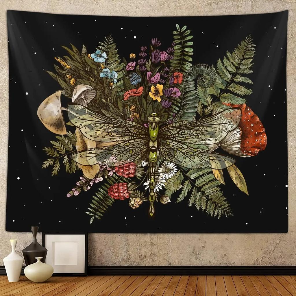 Living Room Decor Bohemian Mushroom Dragonfly Tapestry Bedroom Aesthetic Retro Plants Plant Art Tapestry Dormitory