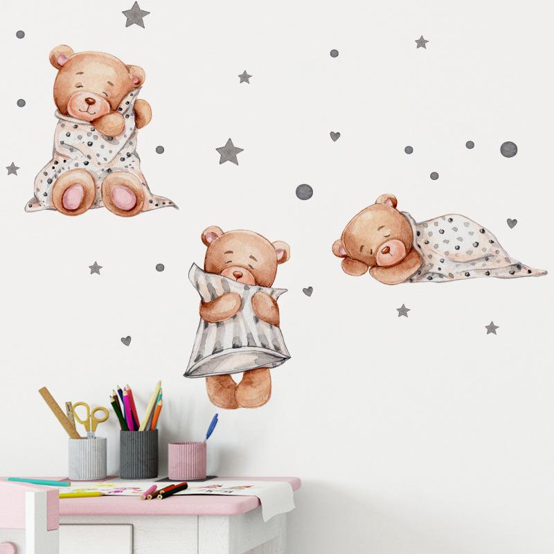 Cartoon Bear Goodnight Star Wall Stickers for Kids Room Nursery Kindergarten Home Decor Self Adhesive Removable Decals