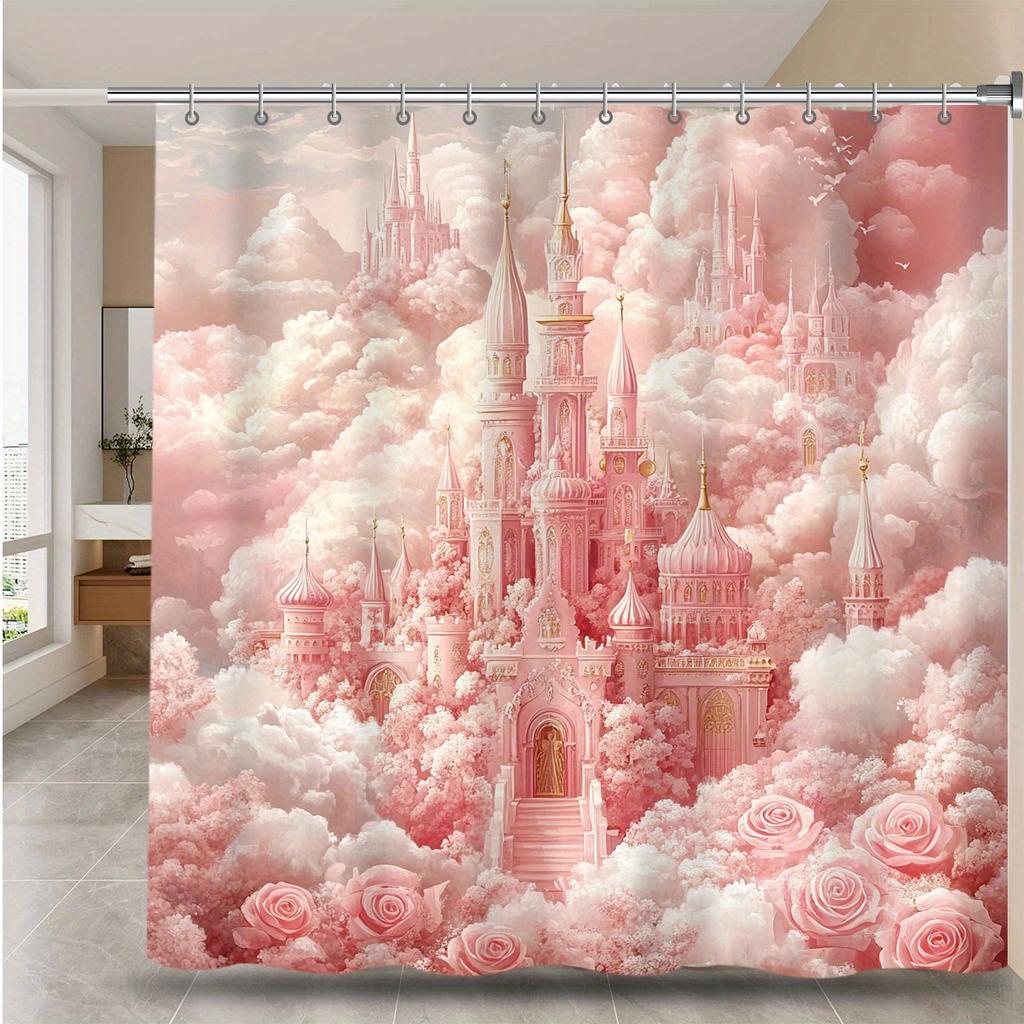 1pc Pink Fantasy Castle Shower Curtain, Waterproof Polyester with Hooks, Machine Washable, Woven, Four Seasons Bathroom Decor